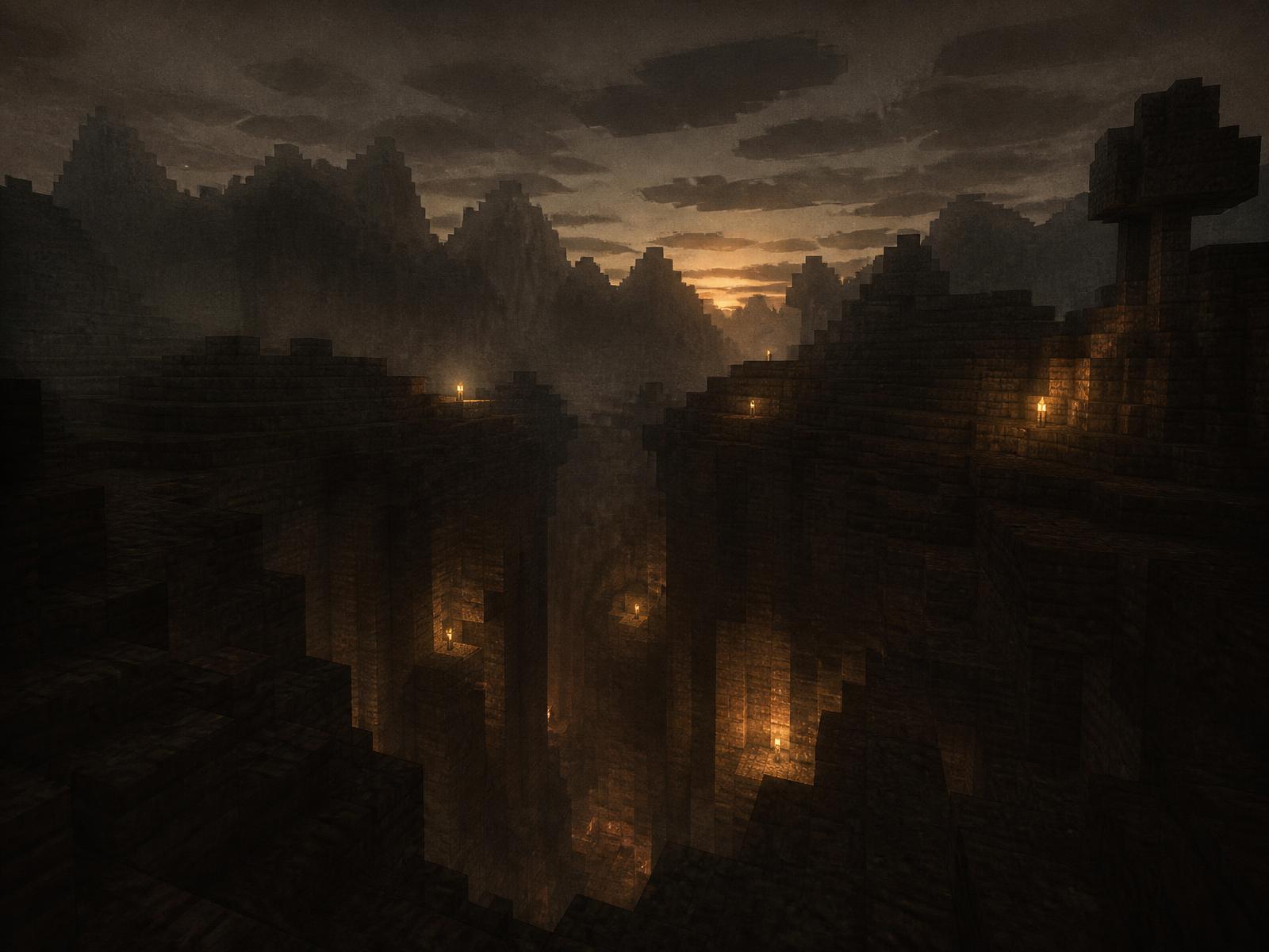 Terreno cúbico de Minecraft iluminado por tochas